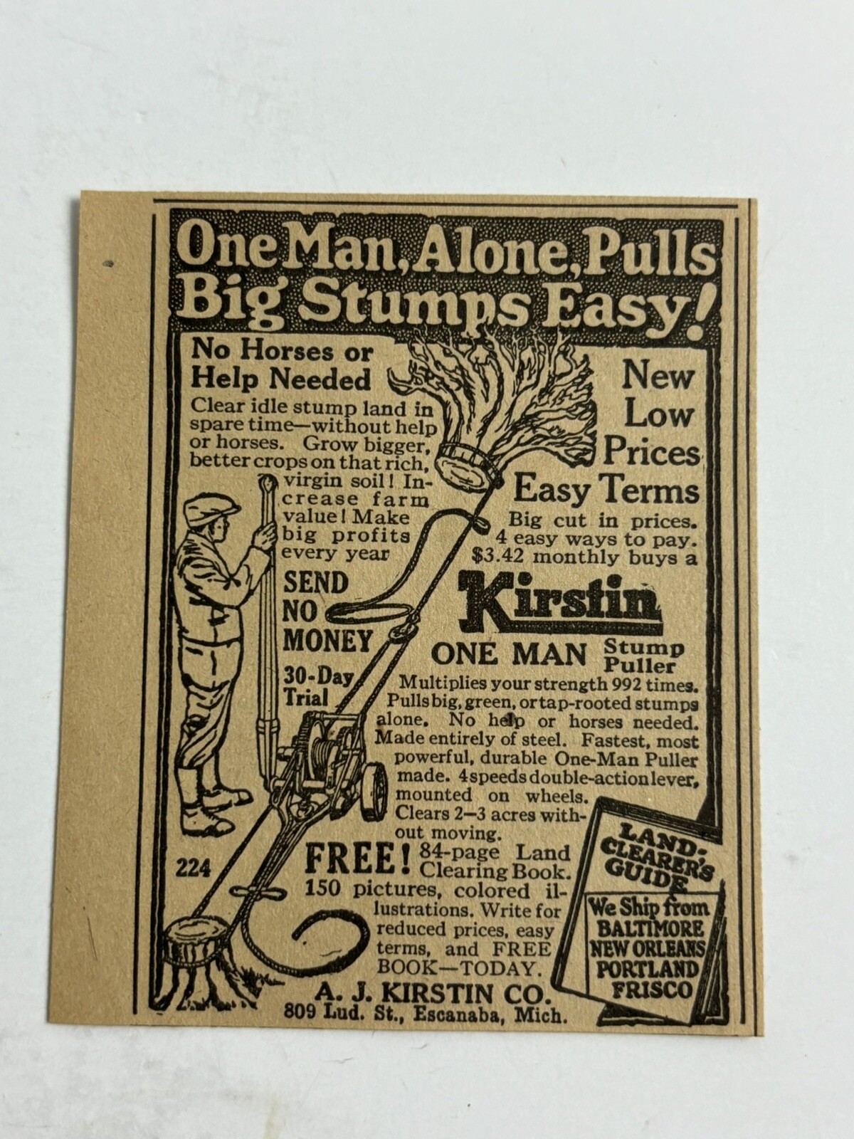 1924 Kristin Stump Puller A J Kirstin Company Escanaba Michigan Farm print Ad