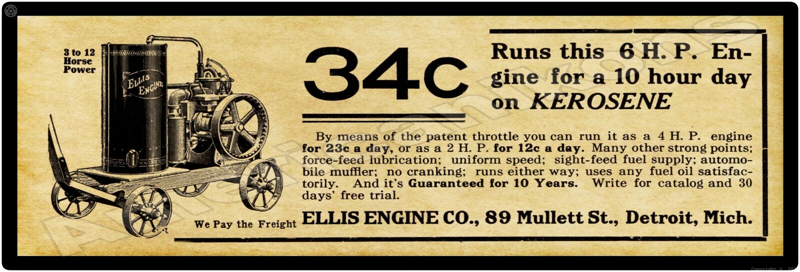 1912 Ellis Kerosene Engines New Metal Sign, 16&Prime; x 48&Prime; USA STEEL XL Size – 8#