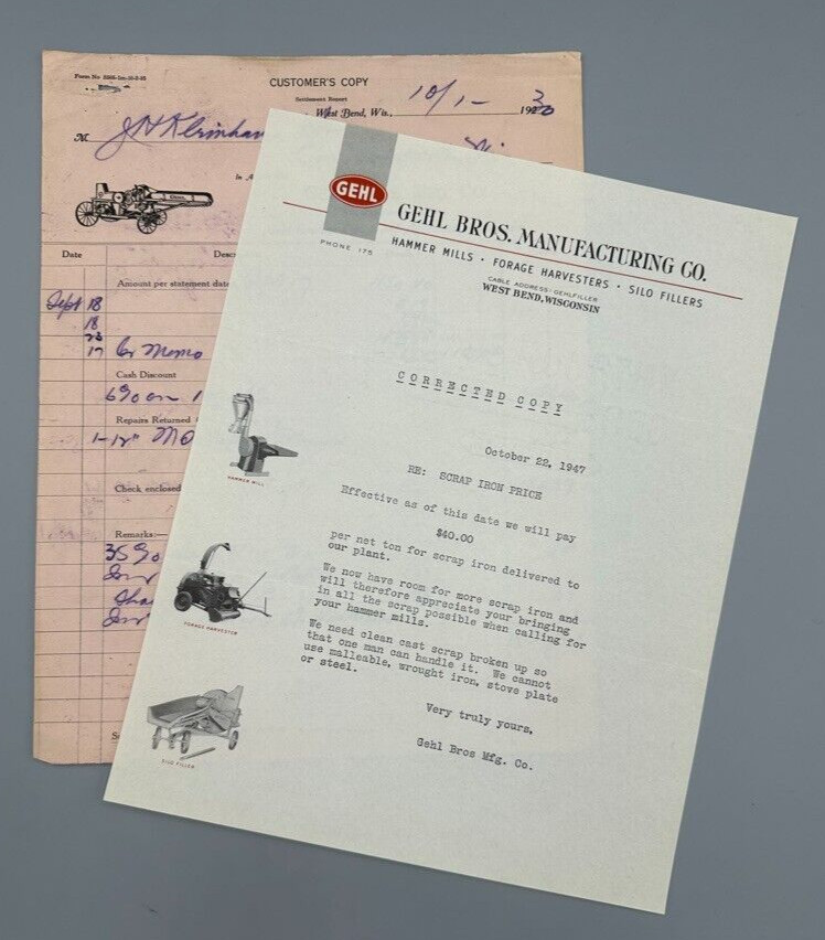 1947 GEHL BROS Farm Machinery WEST BEND WISCONSIN Advertising Vintage Letterhead