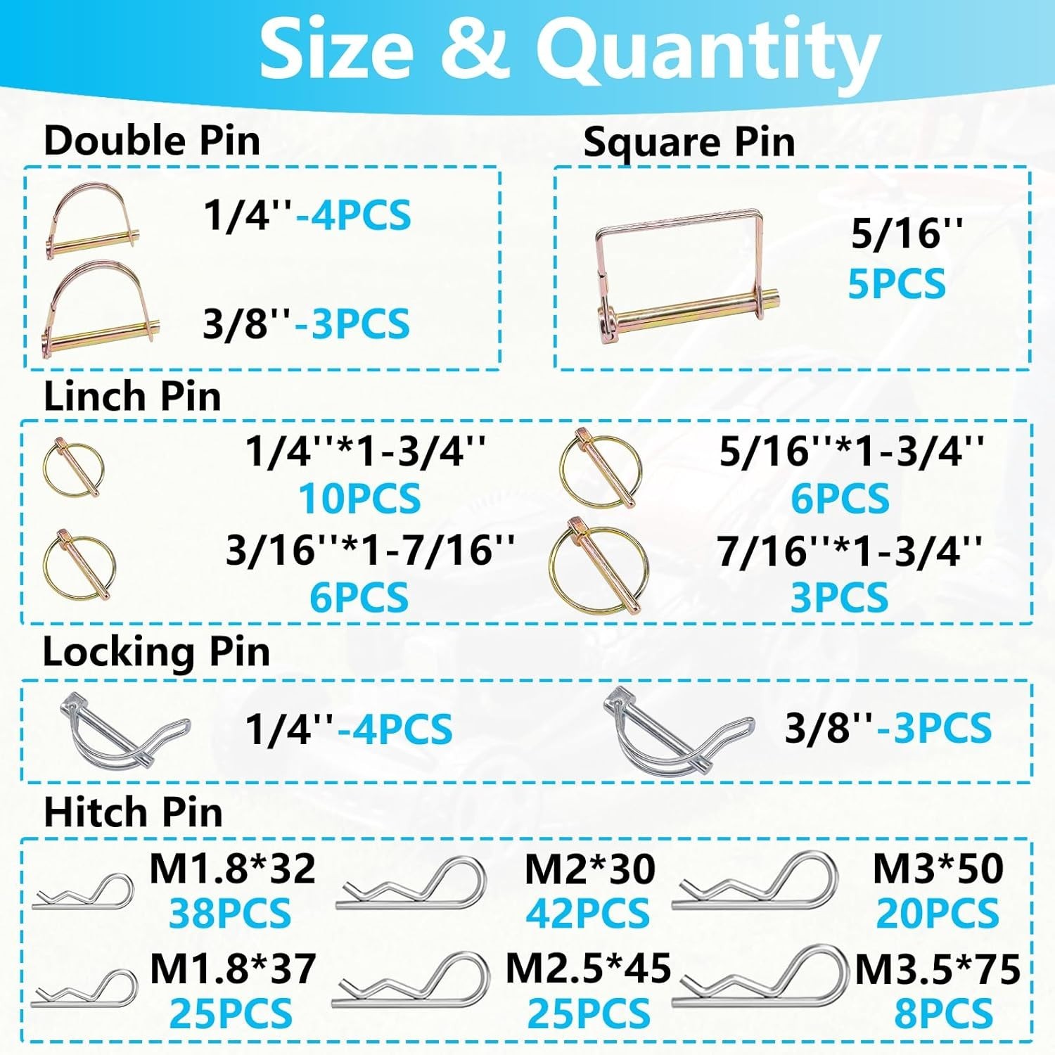 202PCS Hitch Pins Clips Linch PTO Pins Trailer Tractor Truck Towing Kit