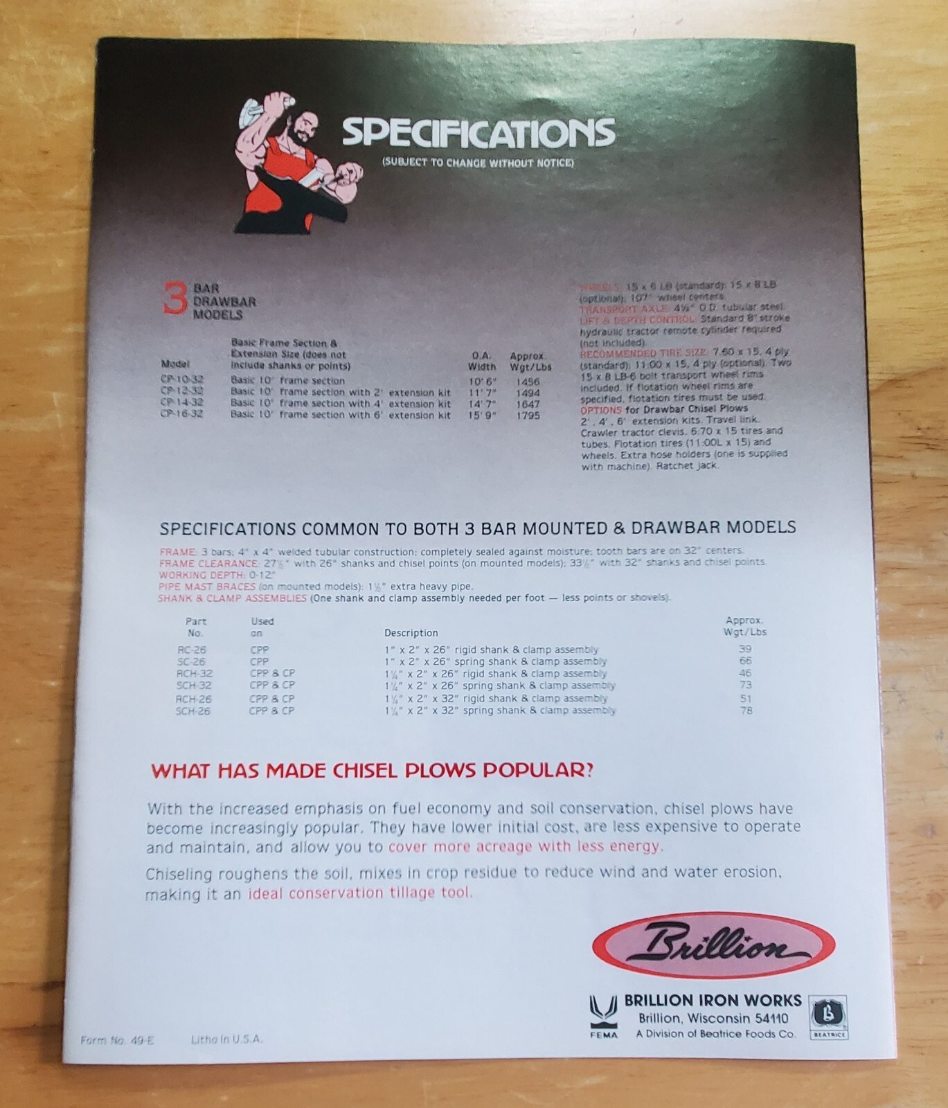 Brillion Mounted & Pull Type Chisel Plows Sales Brochure Pamphlet Specifications