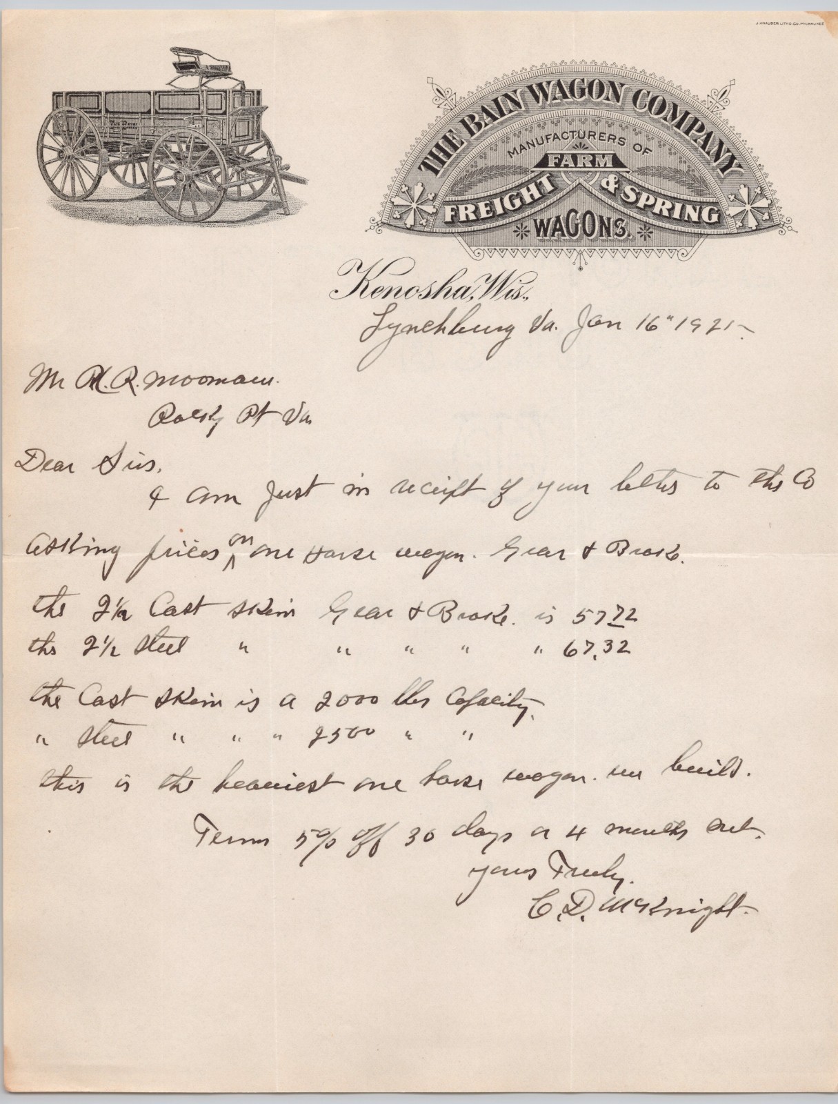 1921 Bain Wagon Co Kenosha WI Freight Farm Spring Wagons Letterhead BH2-2