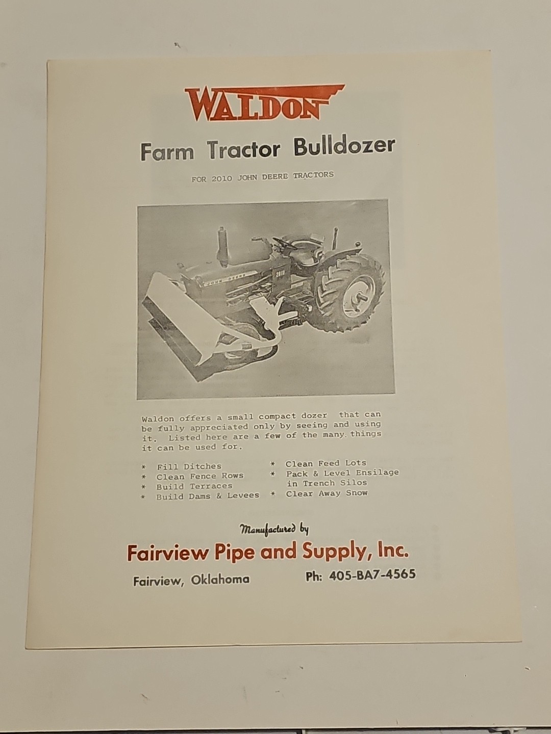 Vintage Waldon Farm Tractor Bulldozer Sales Ad Sheet