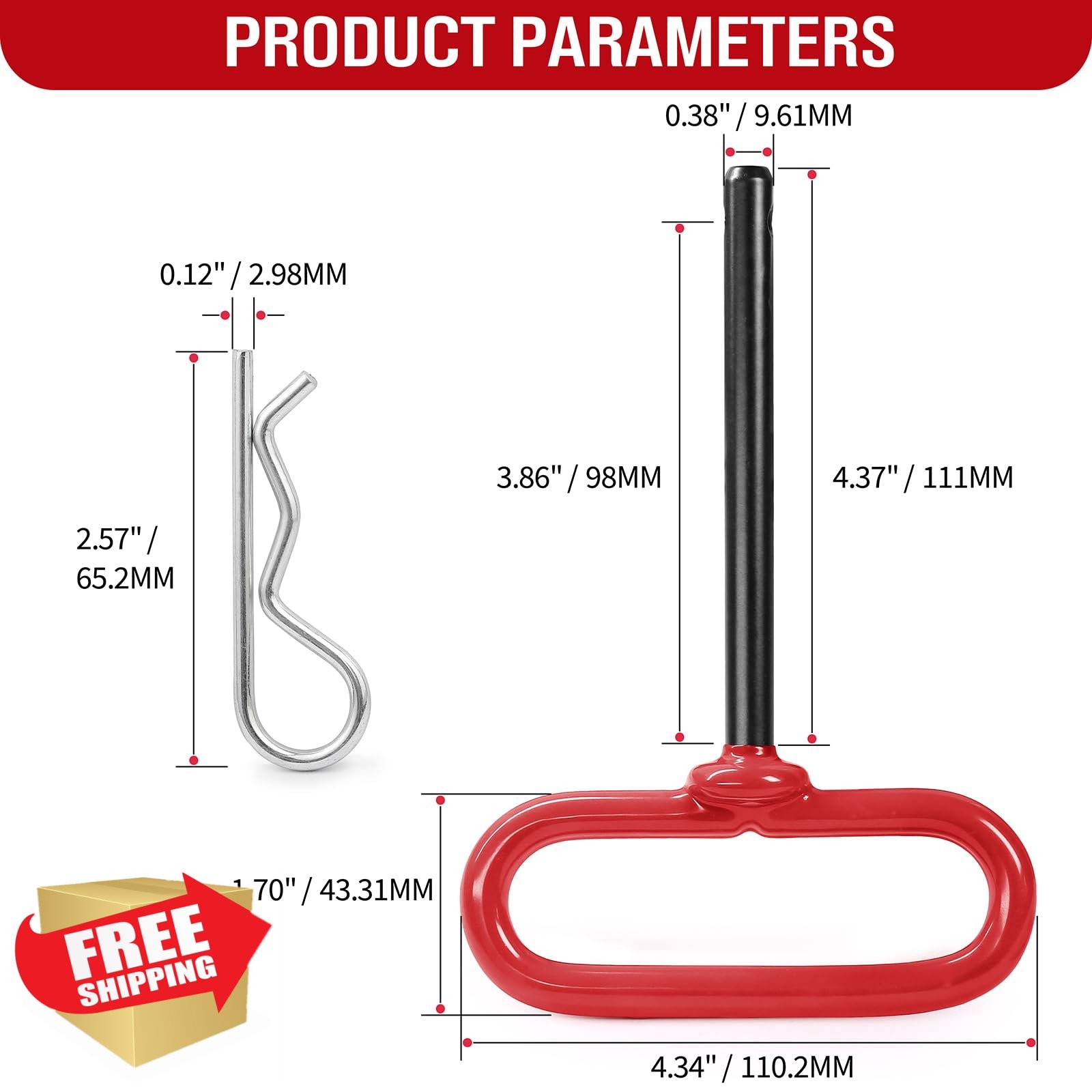 Jamiikury 2pcs 3/8 x 4 Inch Hitch Pin Red Handle