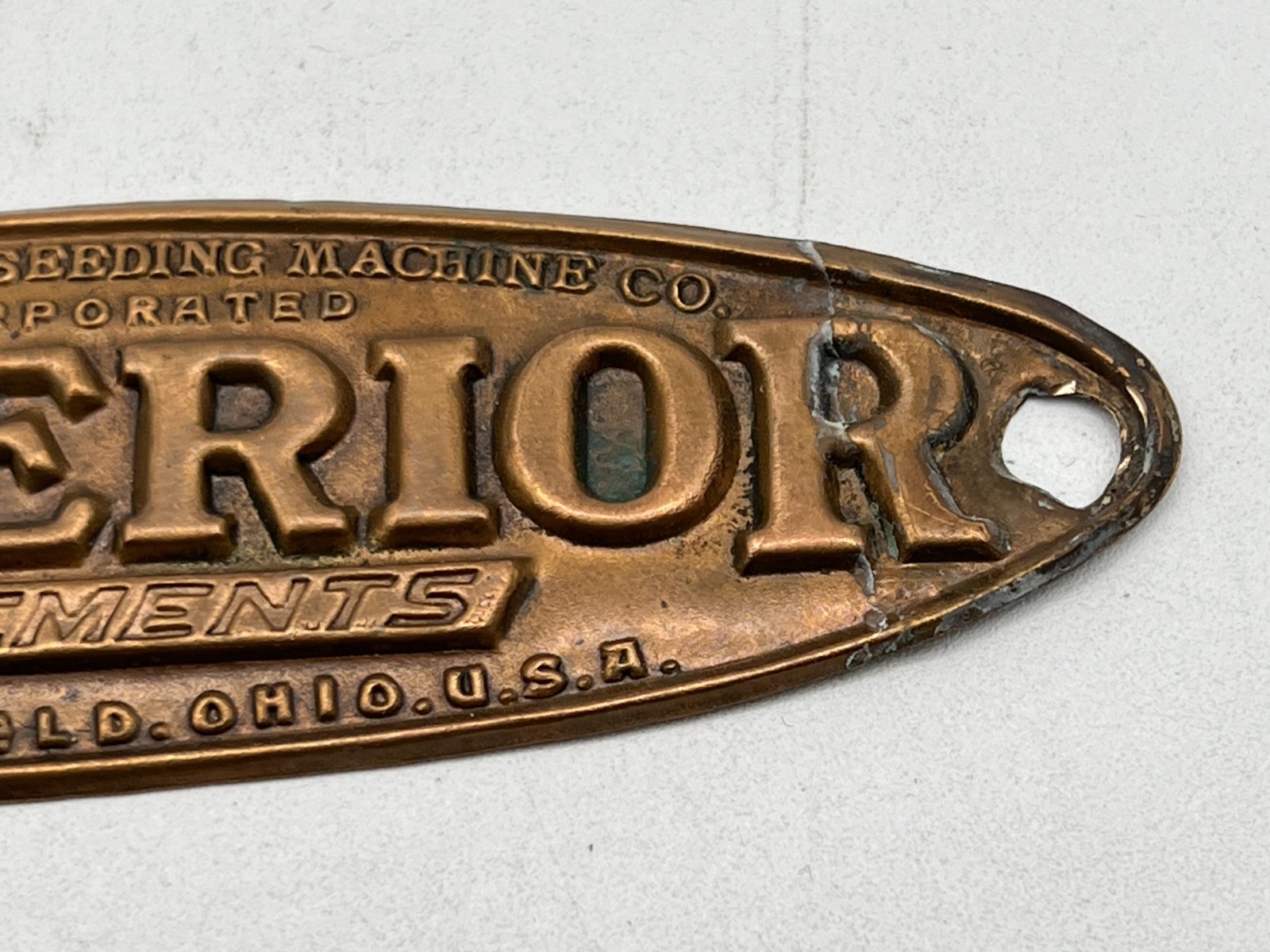 Vintage The American Seeding Machine Co. Superior Implements Brass Tag / Plate