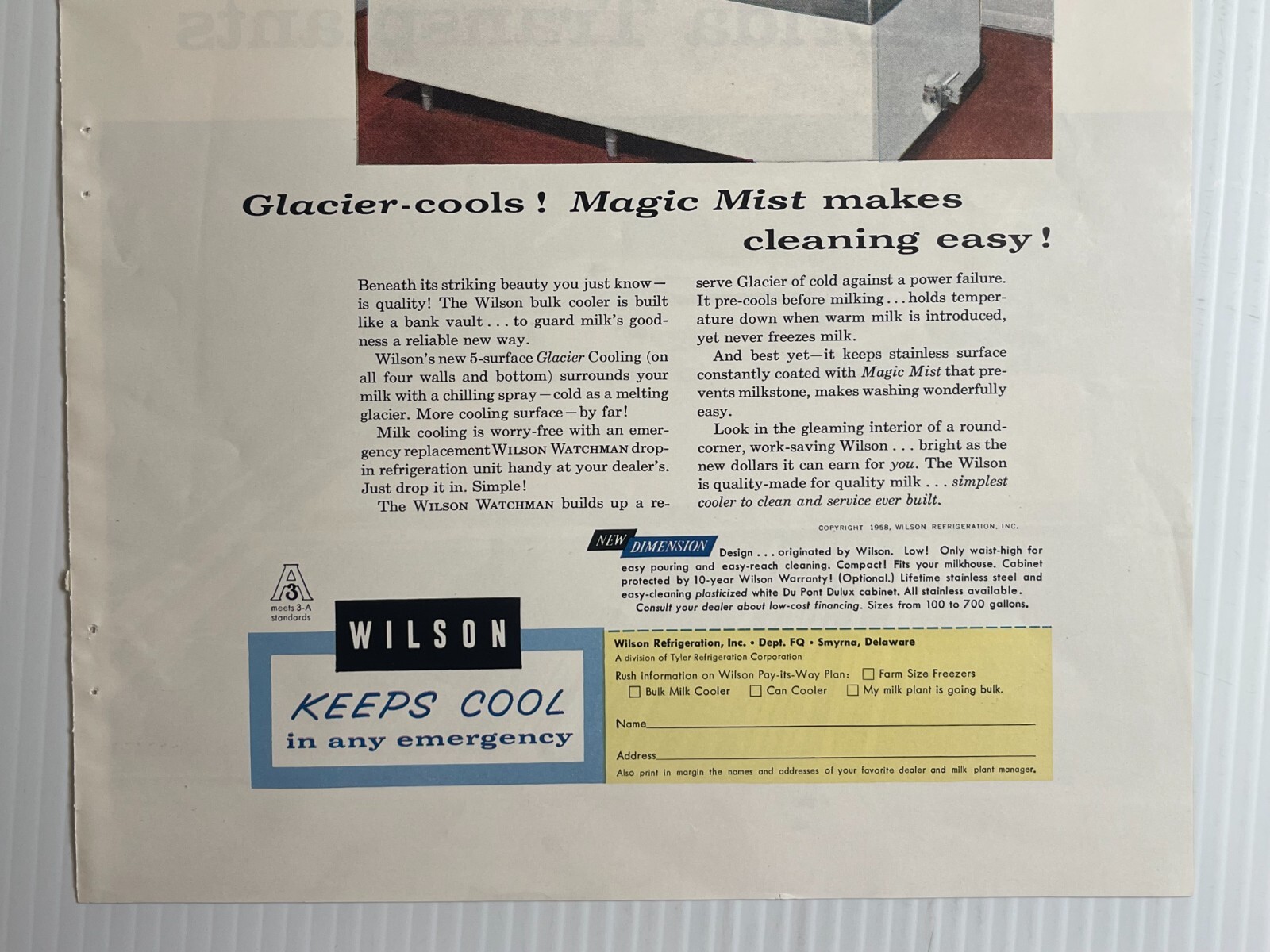 1950s Wilson Watchman Milk Cooler – Original Print Advertisement (9.5in x 13in)