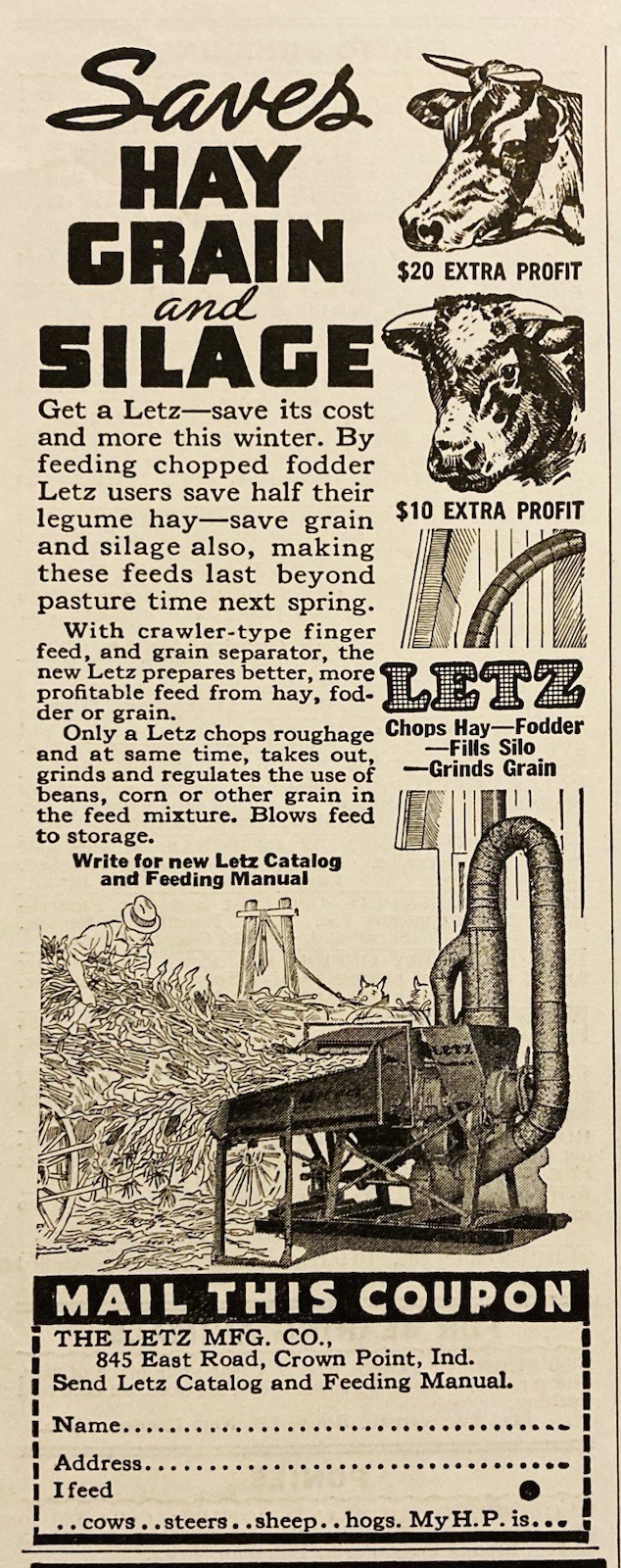 1937 AD.(XH84)~LETZ MFG. CO. CROWN PT. IND. HAY & GRAIN SILAGE CUTTER