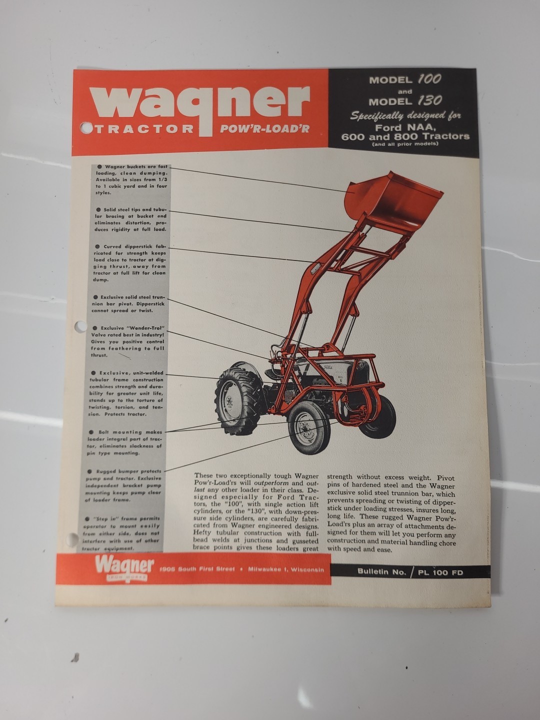 Wagner Model 100 130 Loader For Ford NAA 600 800 Tractor Brochure