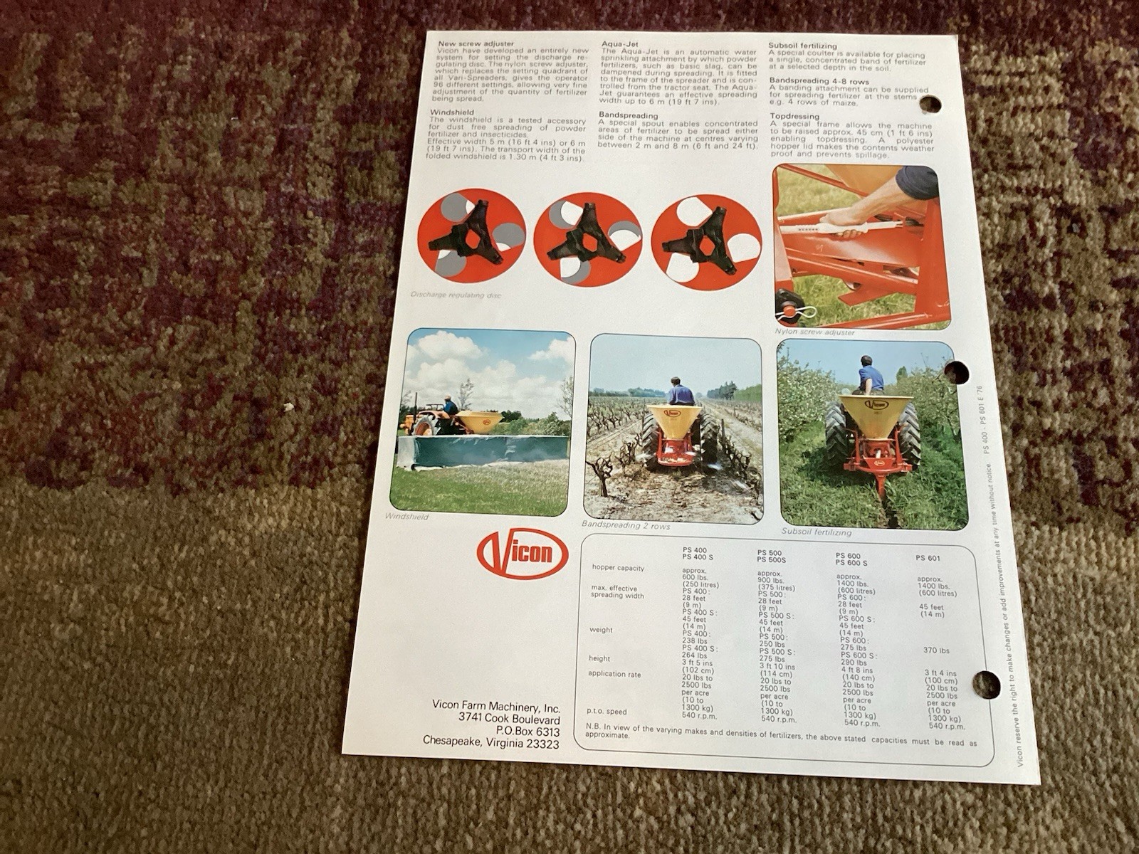 (5) 1975-6 Vicon Brochures – Rake, Harrow, Chisel Plow, Spreader