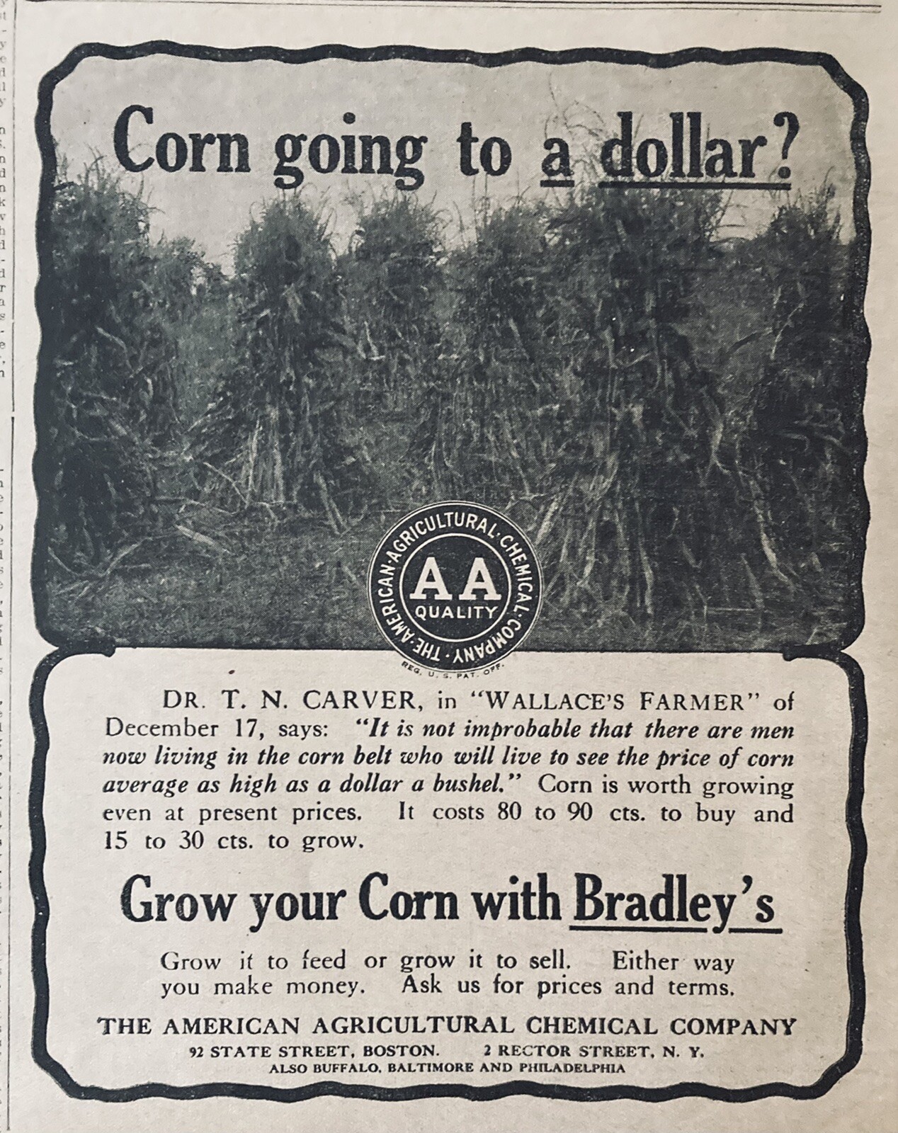 1916 AD.(XH41)~AMERICAN AGRI., CHEMICAL CO. NYC. BRADLEY’S CROP FERTILIZER
