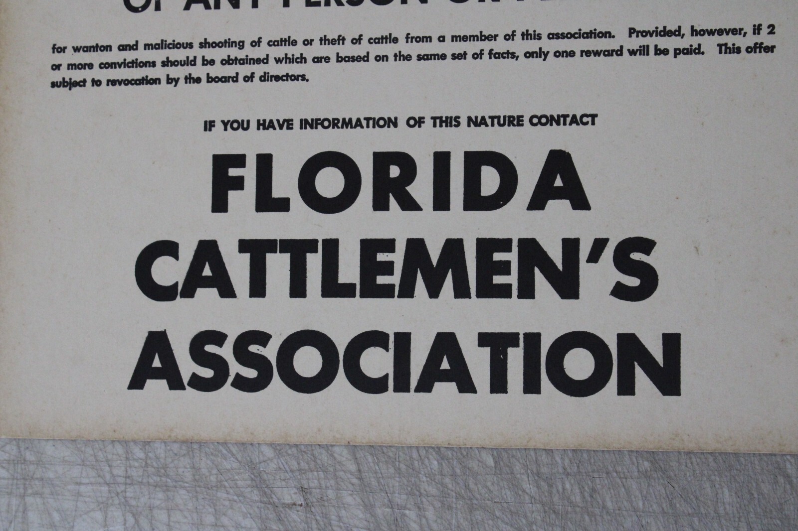 FLORIDA CATTLEMEN&rsquo;S ASSOCIATION SIGN $500.00 REWARD 10.5 X 13.5