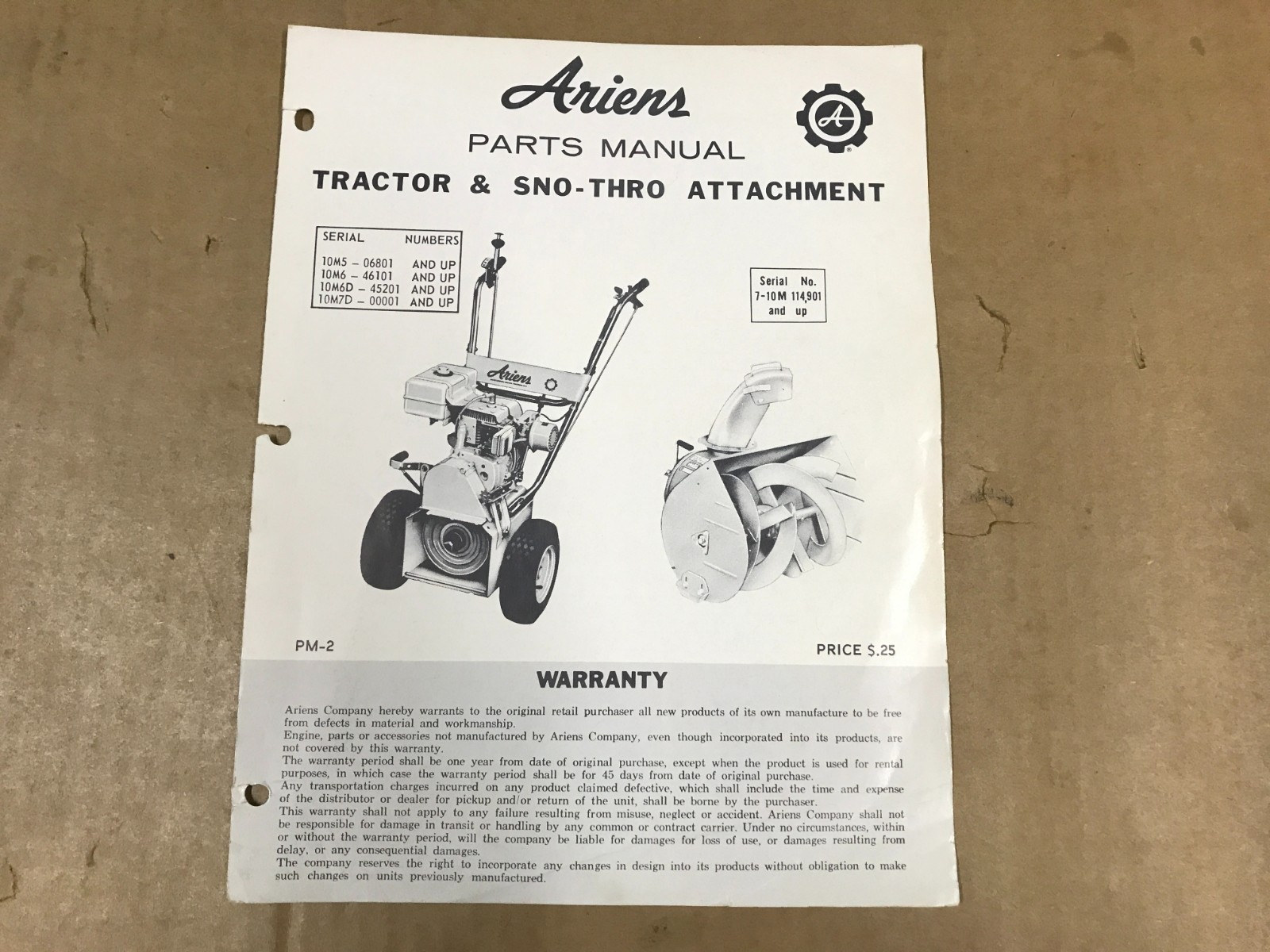 Vintage Ariens Tractor & Sno-Thro Attachments Parts Manual – PM-2