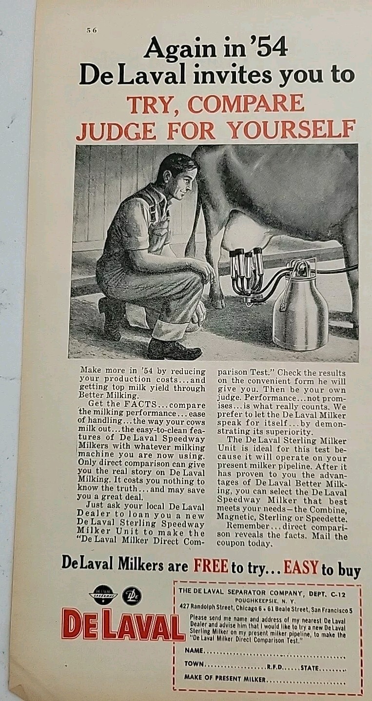 1954 De Laval separator co milker Milking cow farmer vintage Ad