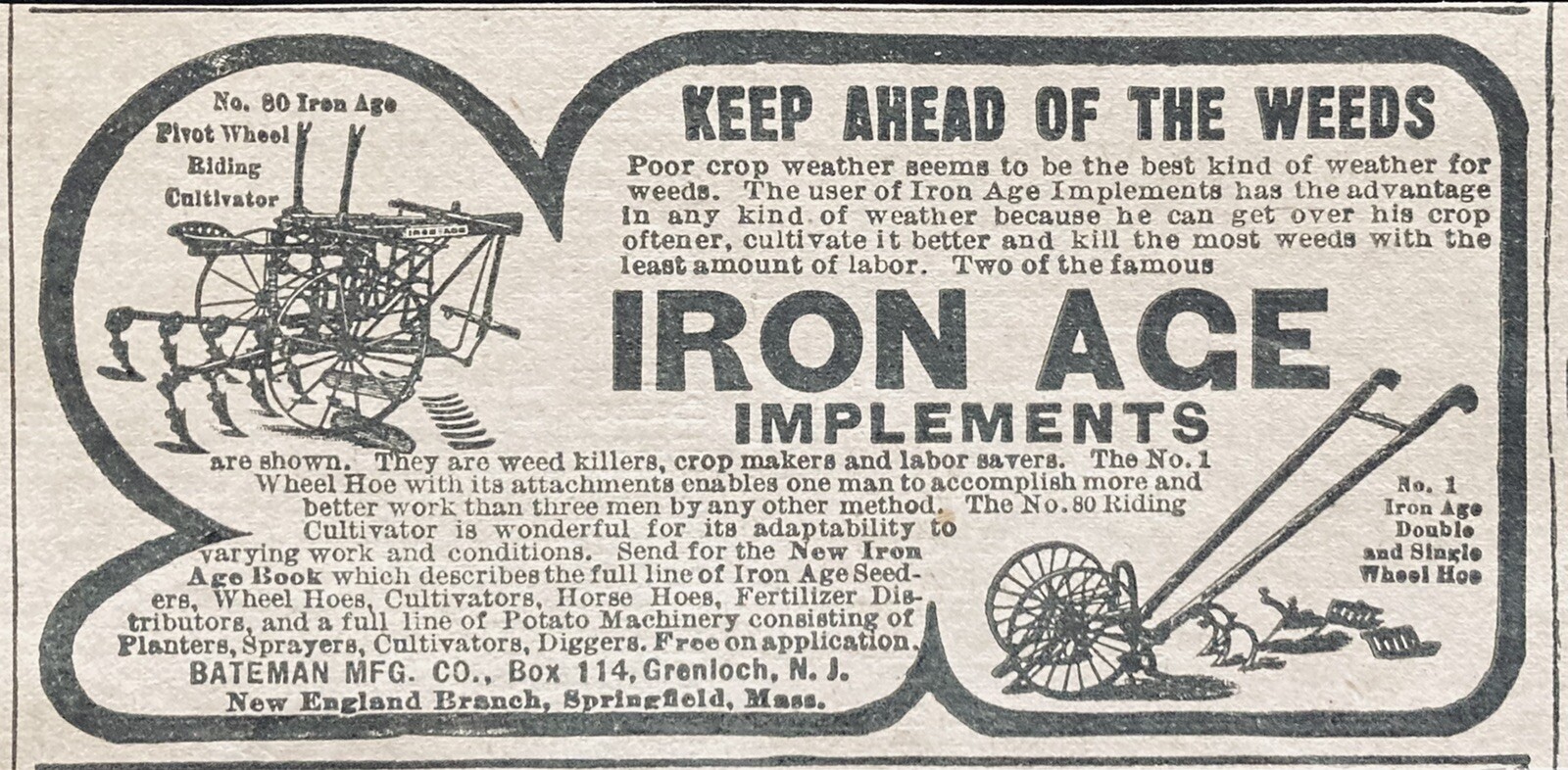 1906 AD(XH35)~BATEMAN MFG. CO. GRENLOCH, NJ. IRON AGE FARM IMPLEMENTS~~