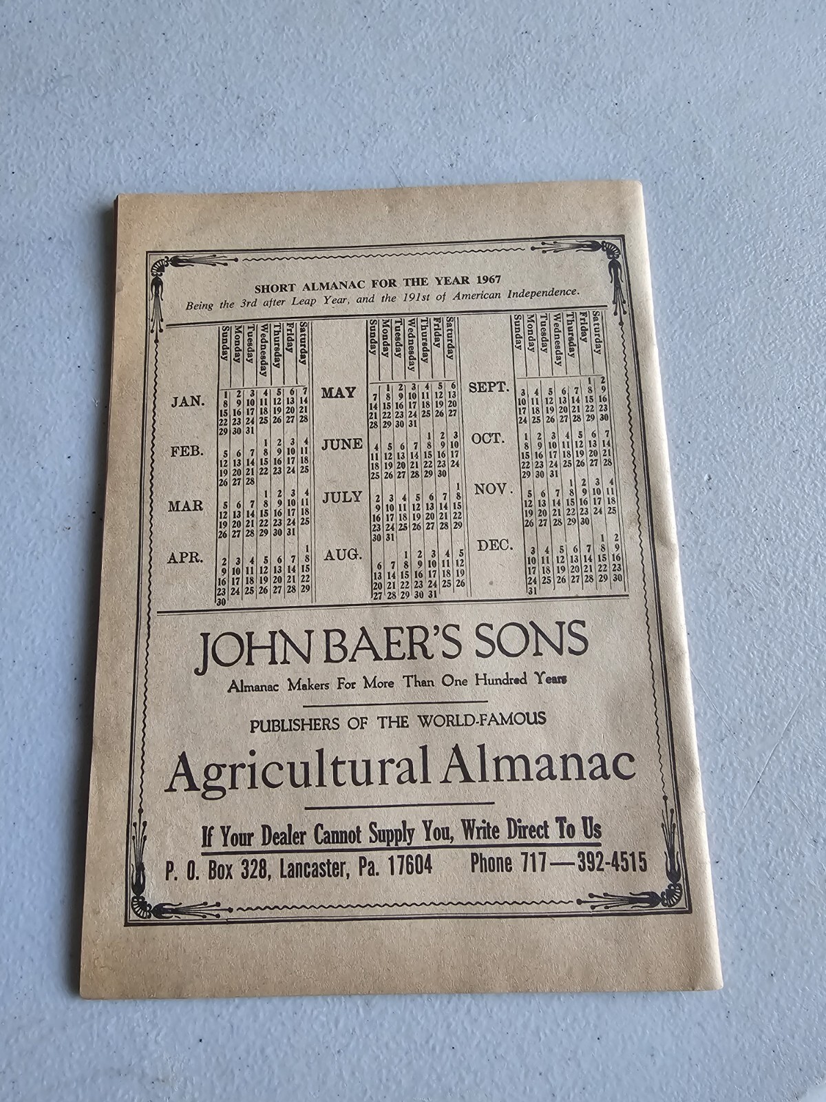 Vintage 1967 John Bear Baer&rsquo;s Agricultural Almanac Lancaster PA Antique Farmers