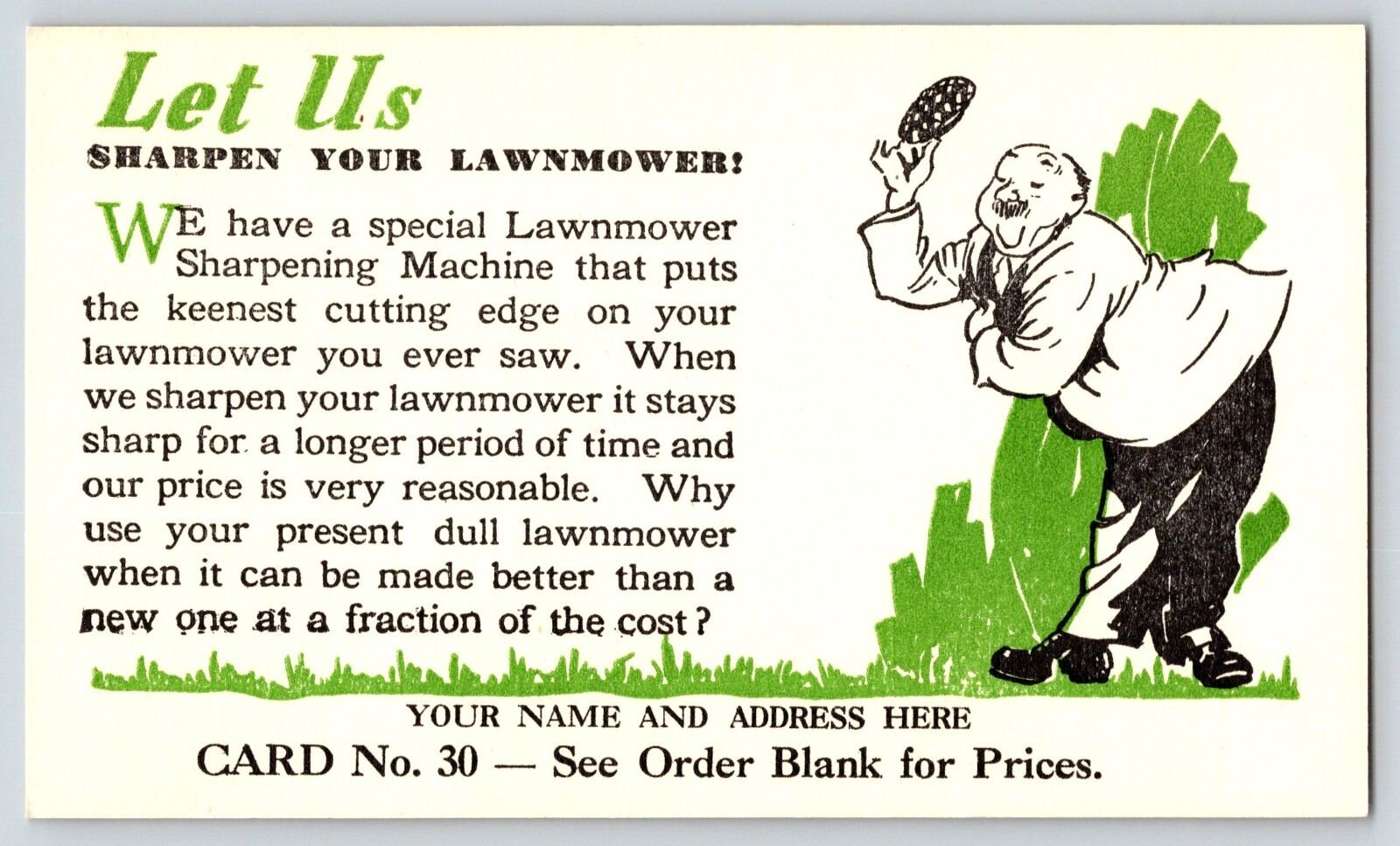 Lawnmower Sharpening Machine Salesman Sample Display Trade Card