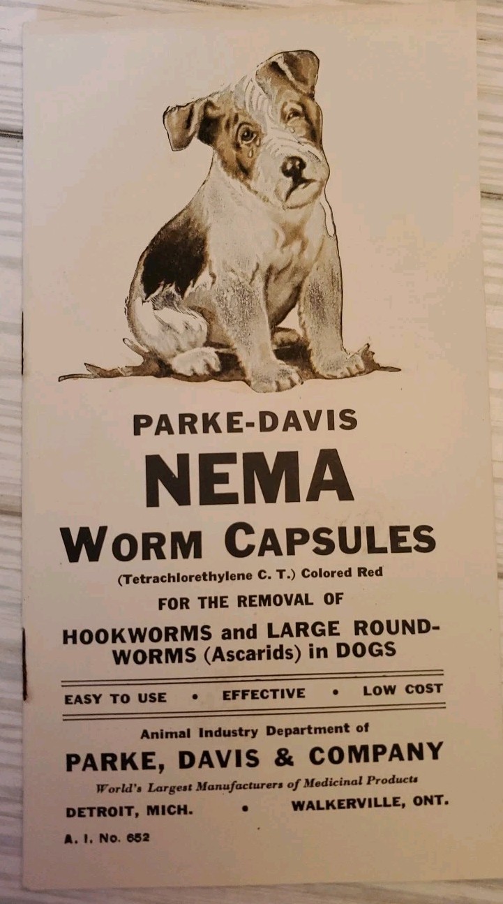 1927 NEMA Worm Capsules Prevention of Dog Diseases Parke Davis & Co. Brochure