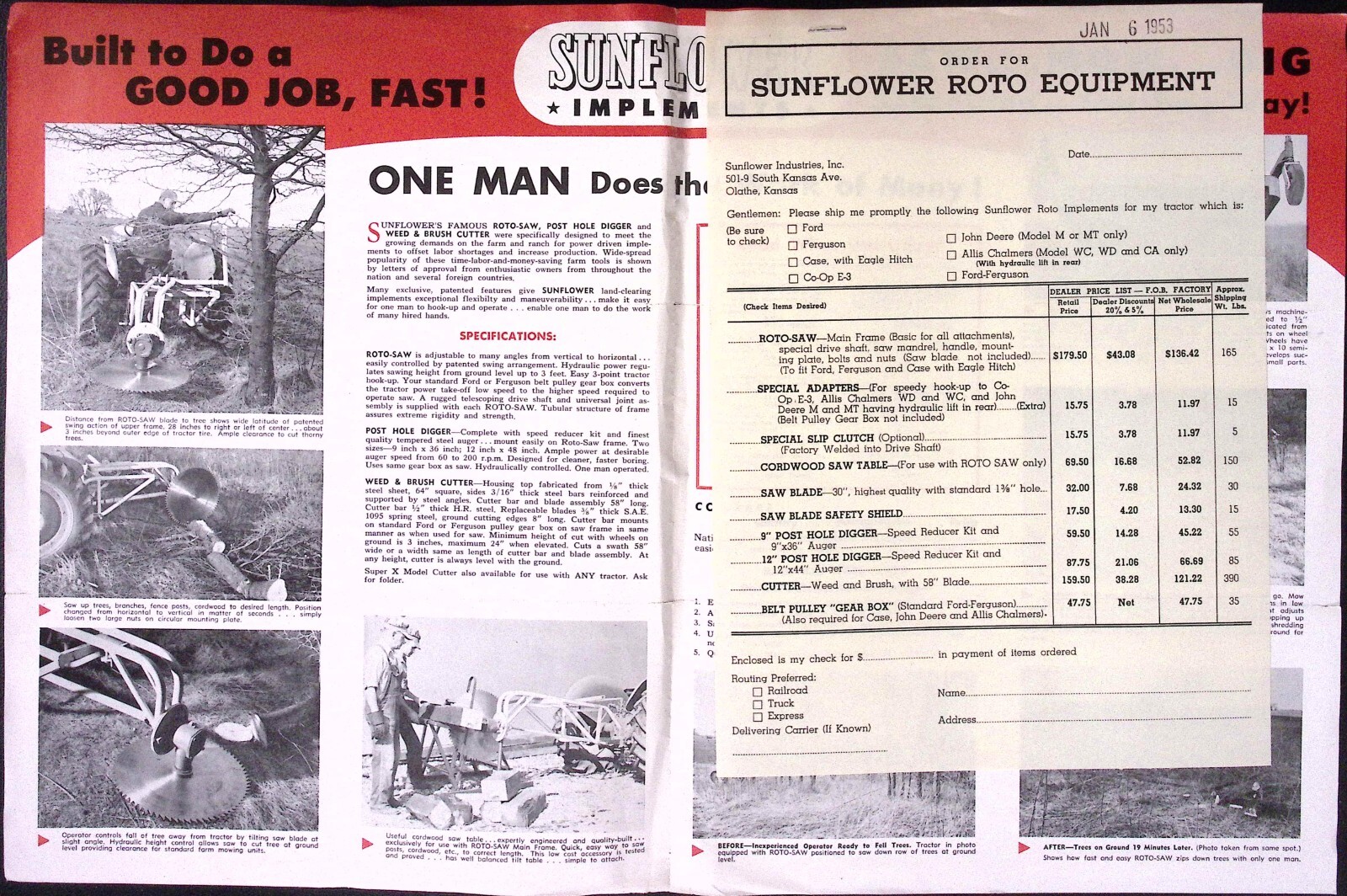 1953 Sunflower Tractor Driven Implements Roto Saw Brush Cutter Brochure