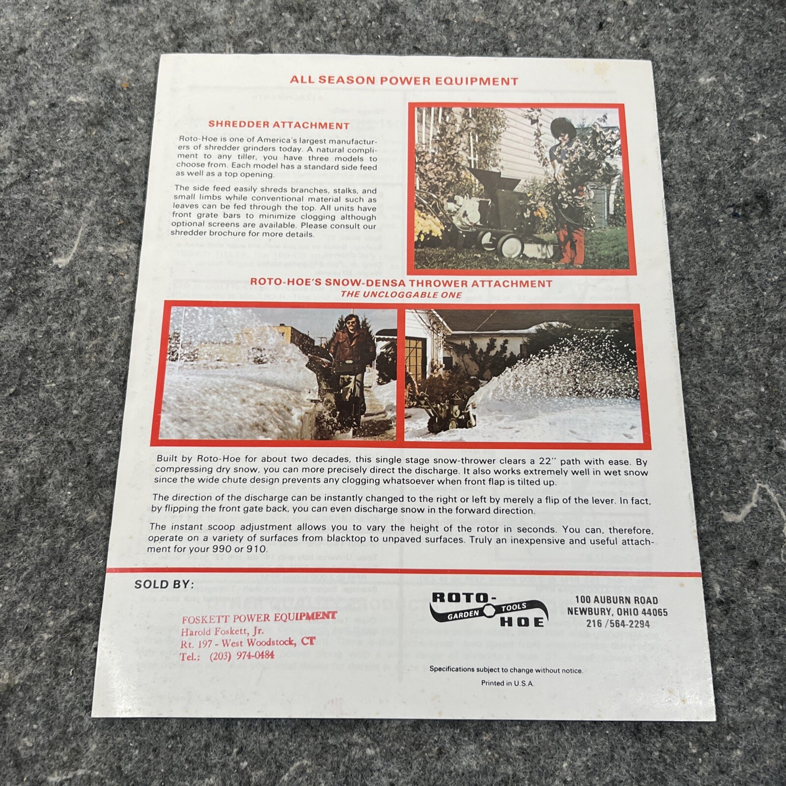 Roto-Hoe 910 990 190 Walk-Behind Tiller Snow Garden Tractor Color Sales Brochure