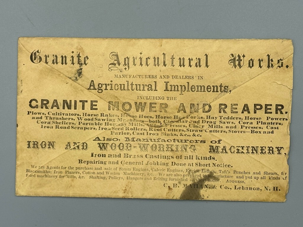 1867 GRANITE AGRICULTURAL WORK Advertise FARM Illustrate Postal Cover LEBANON NH