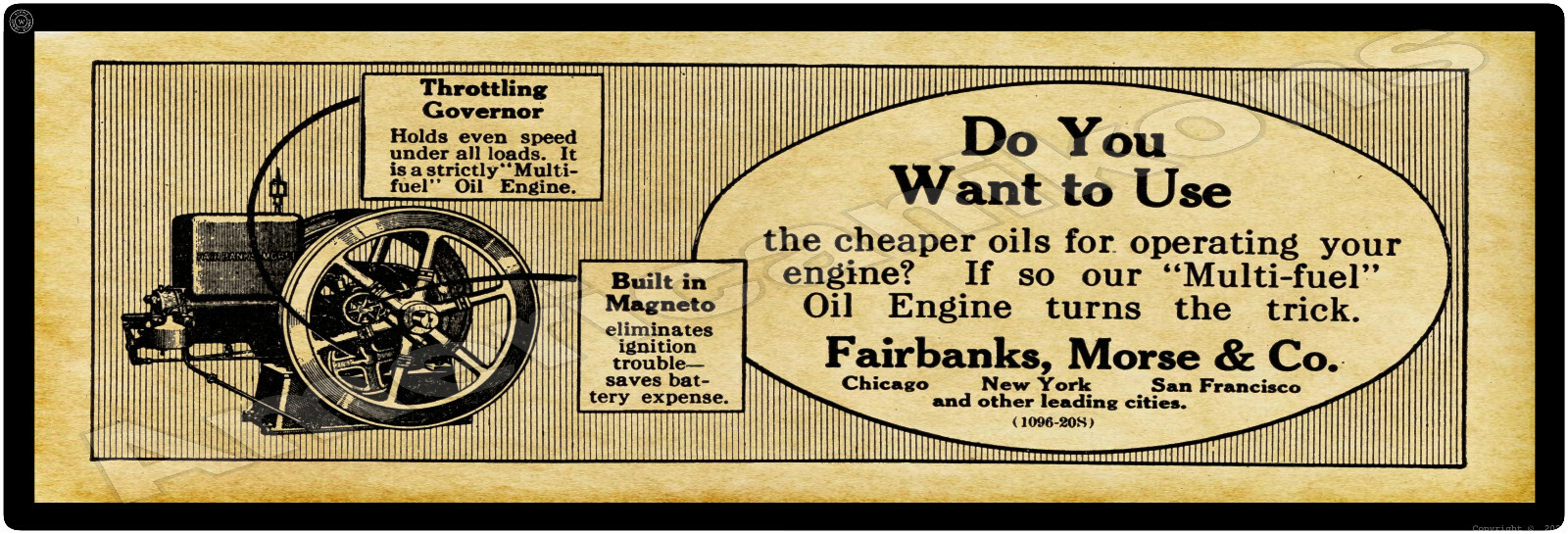 1915 Fairbanks Morse Metal Sign: Multi-Fuel Gas Engine 6&Prime; x 18&Prime; – Free Shipping