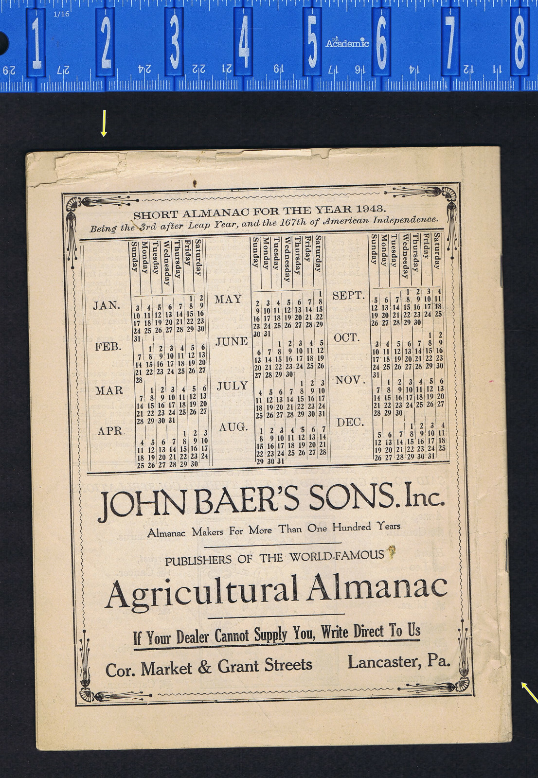 1943 John Baer’s Sons Agricultural Almanac Lancaster, PA – Vol 118