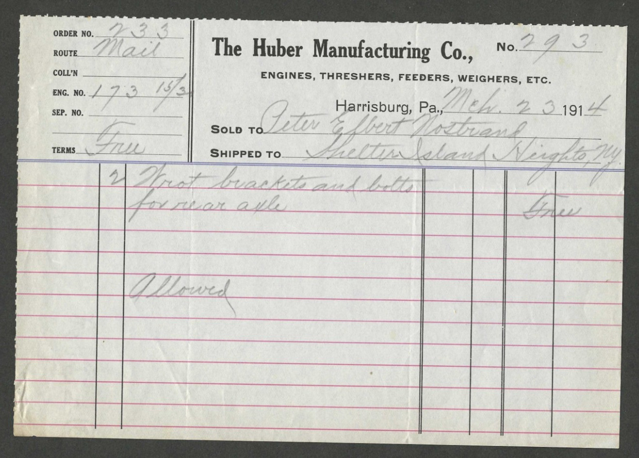1914 Advertising Invoice Huber Manufacturing Harrisburg Threshers Nostrand