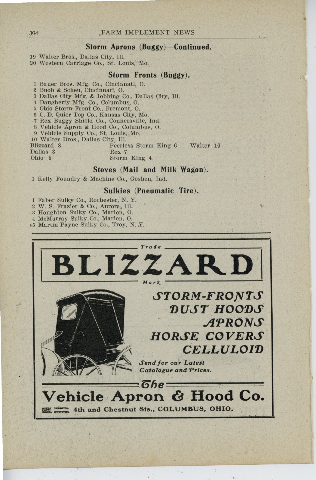 1905 Vehicle Apron & Hood Co. Ad: Blizzard TM – Chestnut St. Columbus, OhiO