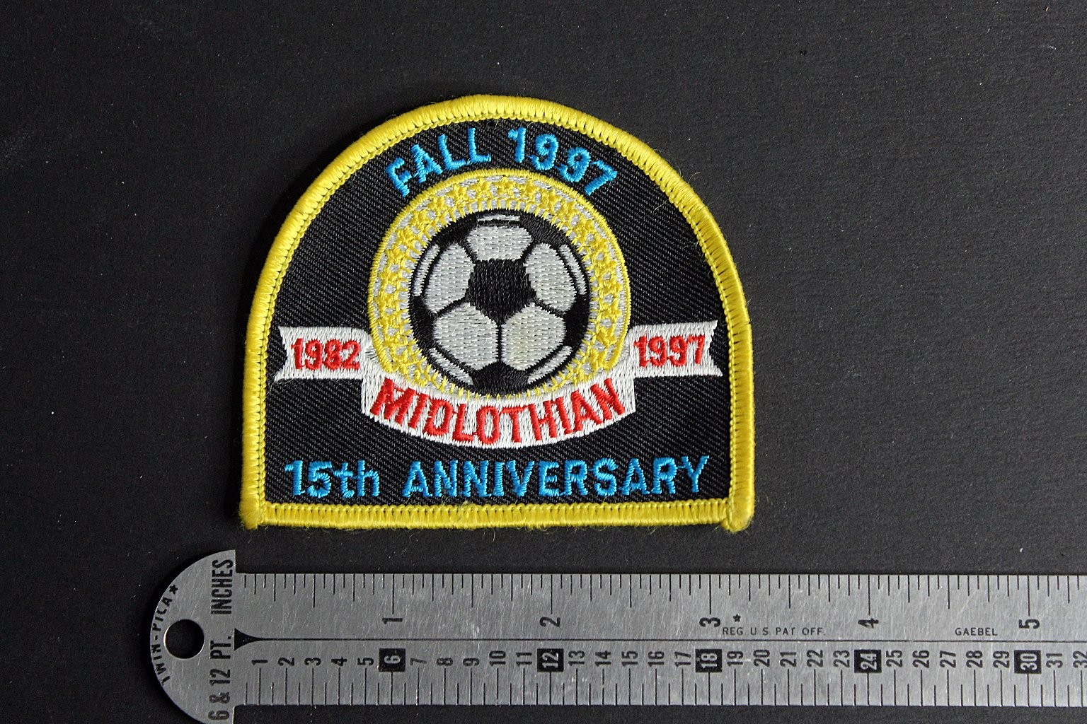 Midlothian 15th Anniversary Embroidered Soccer Patch Fall 1987 3in