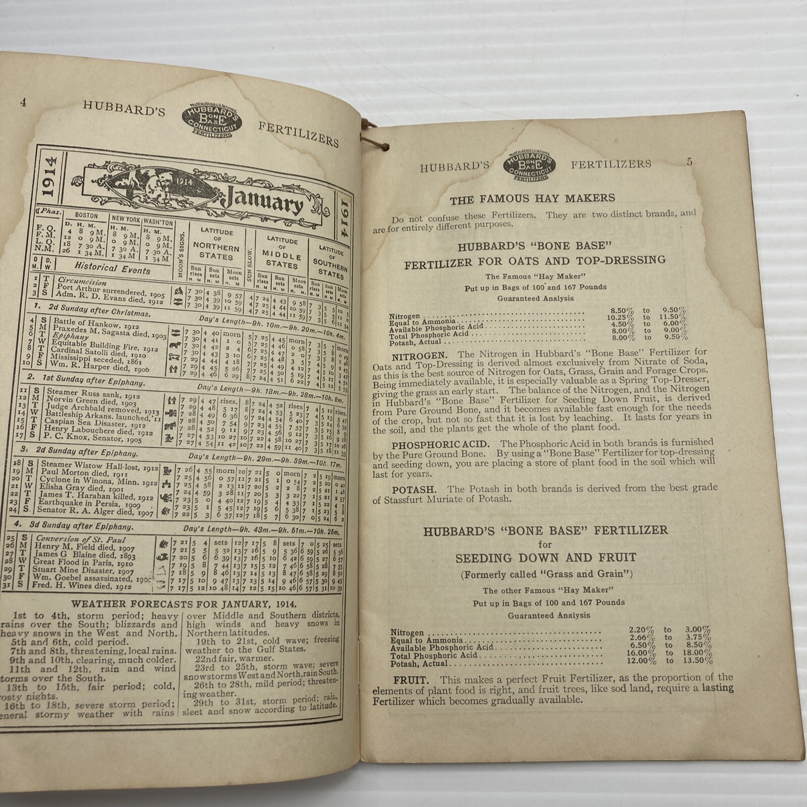 Hubbard&rsquo;s Bone Base Fertilizer Connecticut Almanac 1914 Agriculture Advertising