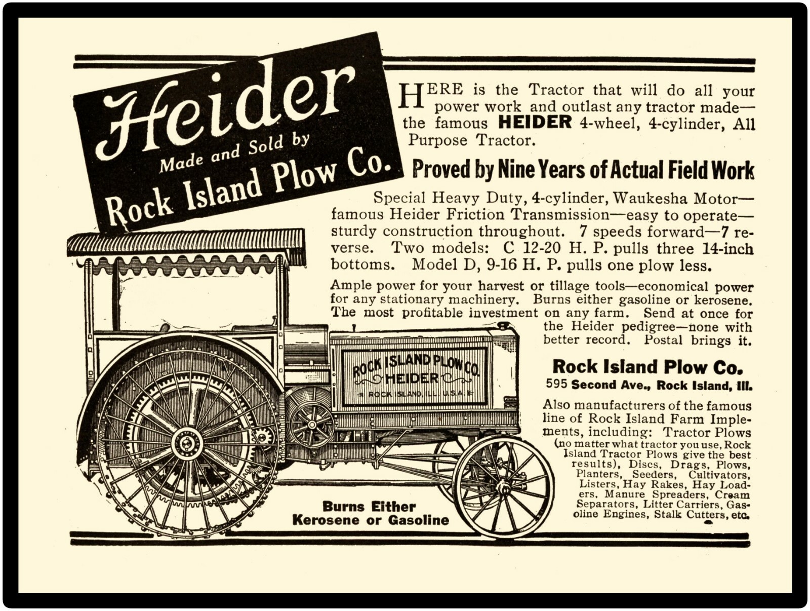 Rock Island Plow New Metal Sign: Heider All Purpose Tractor w Waukesha Engine