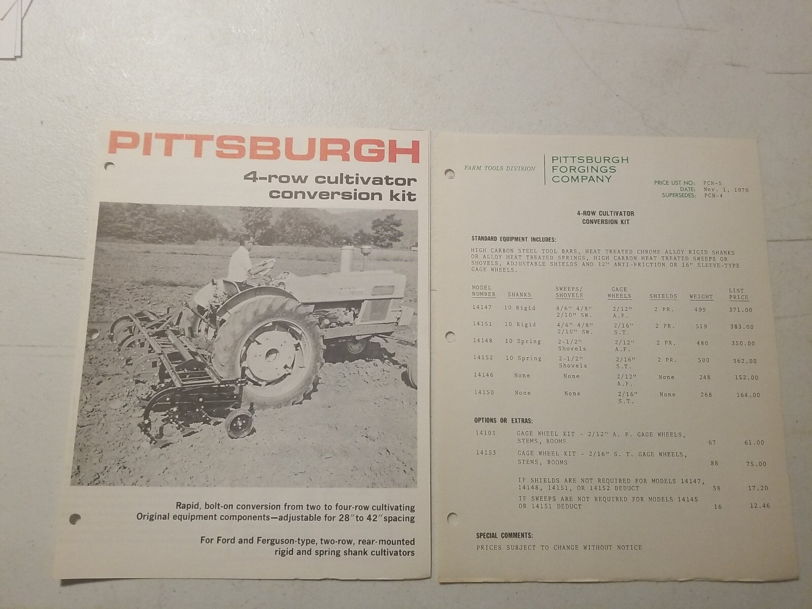 1970 PITTSBURGH FORGINGS CO. 4 ROW CULTIVATOR CONVERSION BROCHURE & PRICE LIST