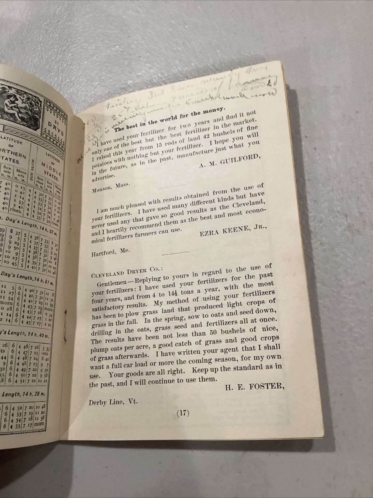 1895 The Cleveland Dryer Co Perfect Drilling Blood Bone Fertilizer Calendar Book