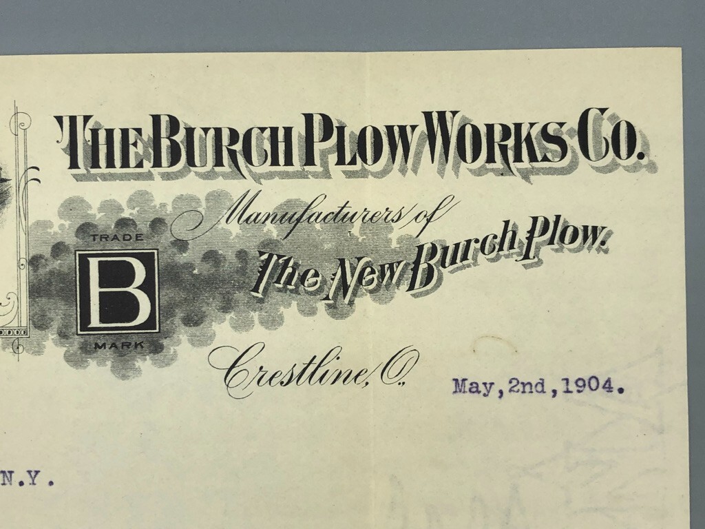 1904 BURCH PLOW WORKS Co Letterhead Antique Farm Advertising CRESTLINE OHIO