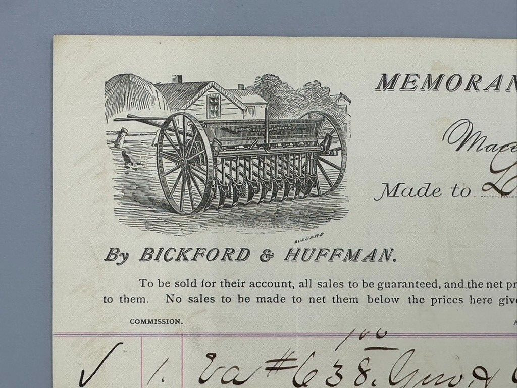 1878 BICKFORD & HUFFMAN DRILL Advertising FARM Machinery Receipt MACEDON NY