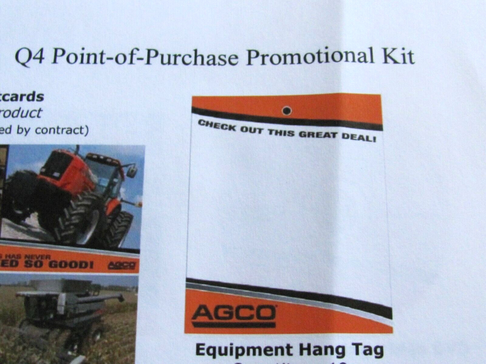 AGCO 5 FARM EQUIPMENT SALES HANG TAGS SIGN 10&Prime; & DECAL COME ON IN DEALERSHIP