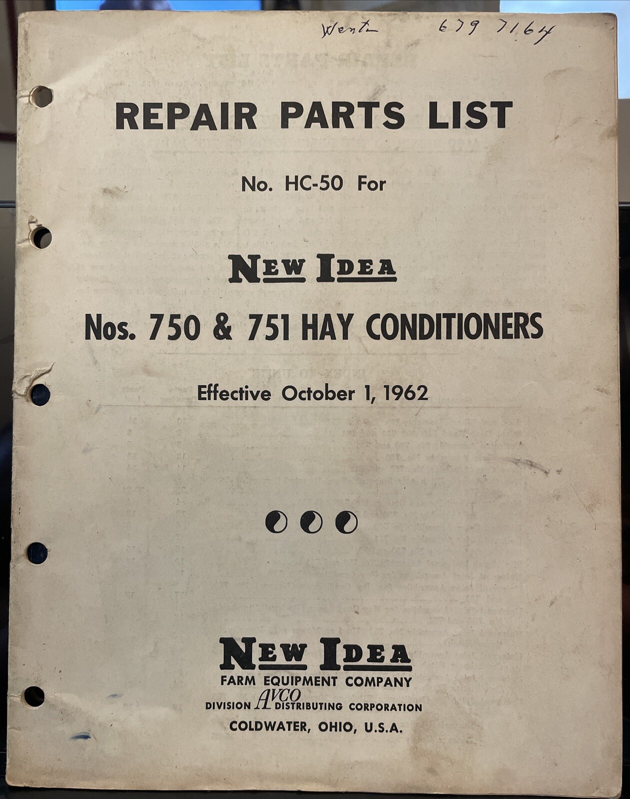 1962 NEW IDEA Farm Equipment Co Nos. 750 & 751 Hay Conditioners Parts List
