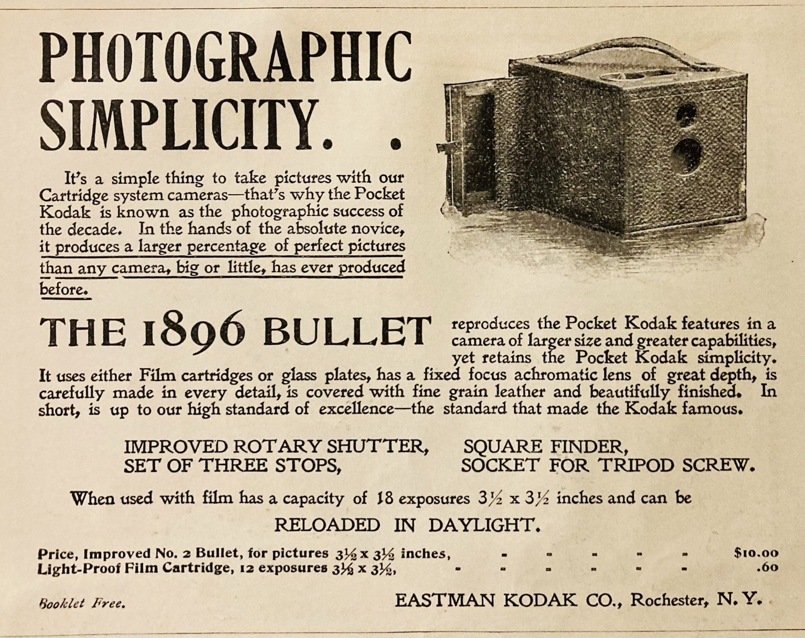 1896 AD.(PC10)~EASTMAN KODAK CO. ROCHESTER, NY. THE POCKET KODAK CAMERA