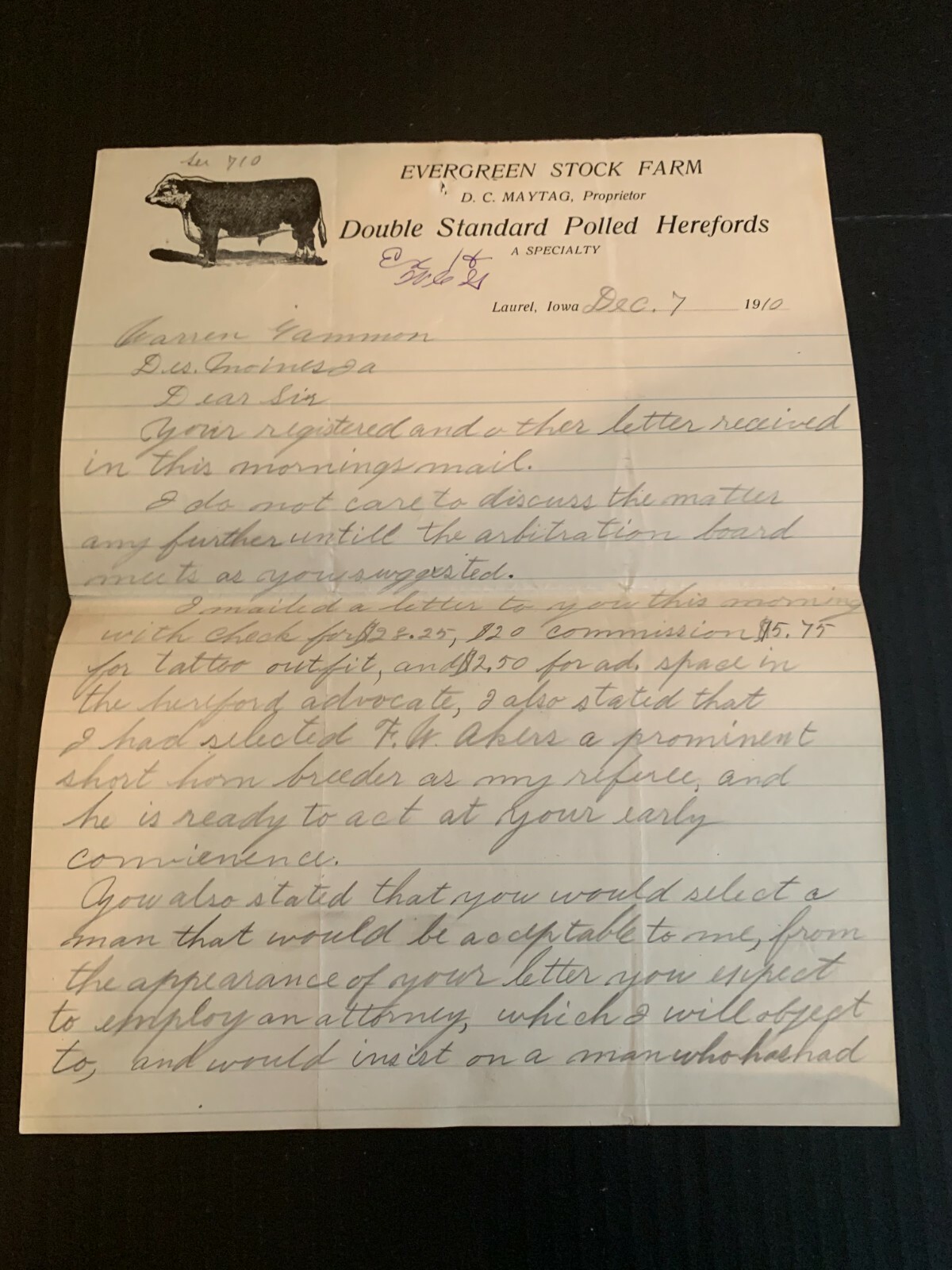 December 7 1910 Evergreen Stock Farms Polled Herefords Letterhead Laurel Iowa