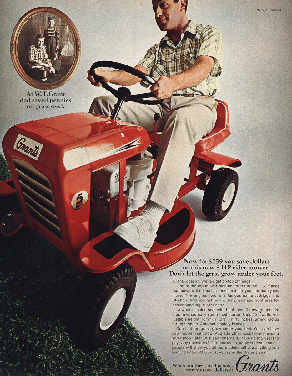 1967 Grants Lawn Tractor: Don’t Let Grass Grow Under Feet Vintage Print Ad