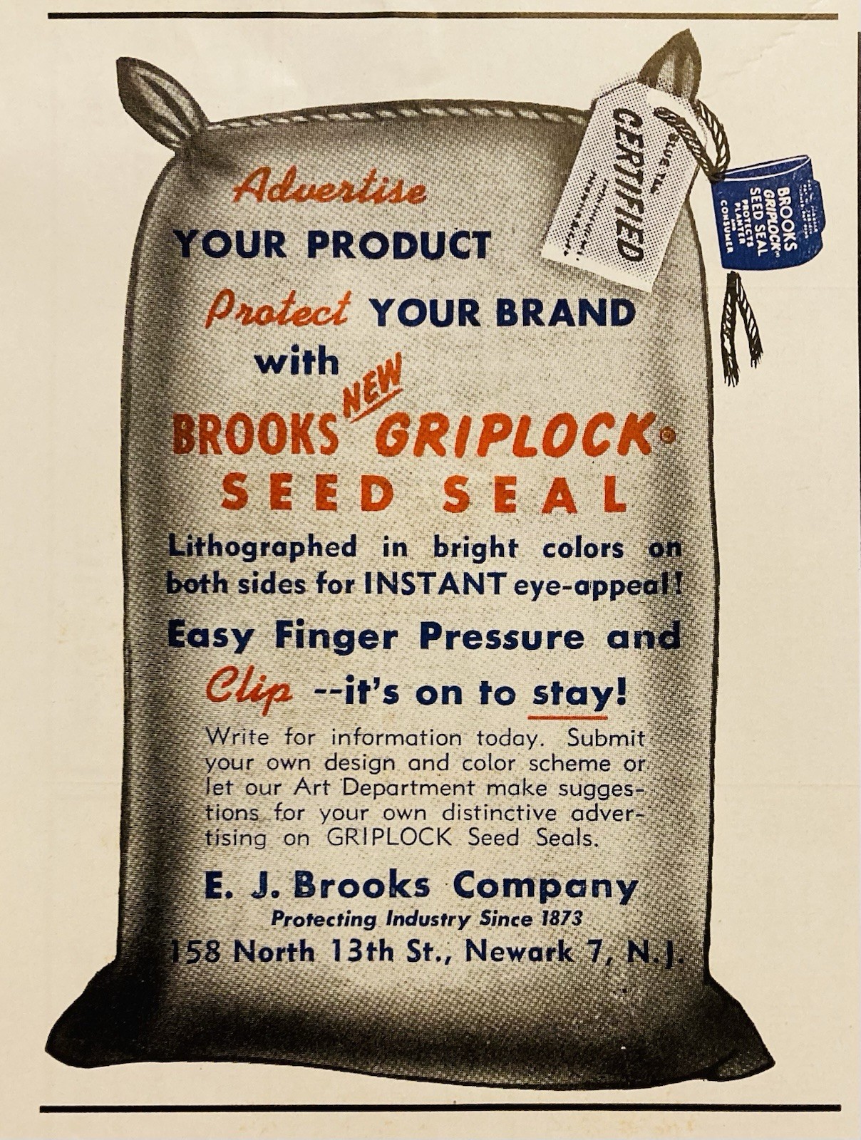 1950 AD.(XH83)~E.J. BROOKS CO. NEWARK, NJ. BROOKS GRIPLOCK SEED SEAL TAGS