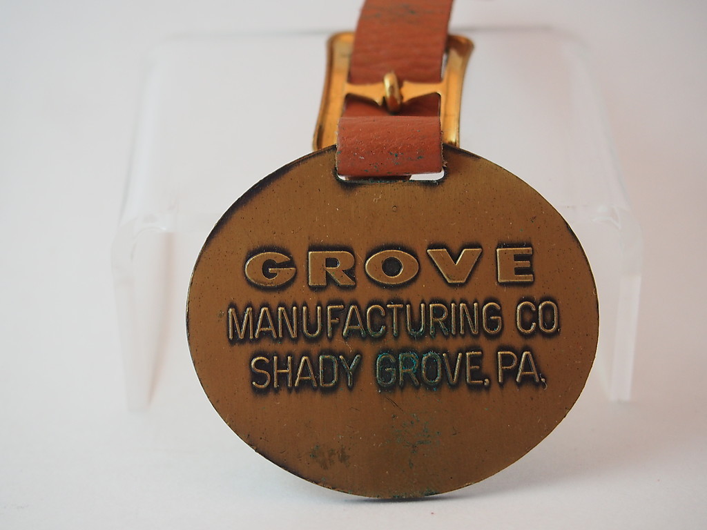 VINTAGE KEY FOB ORIGINAL STRAP GROVE MANUFACTURING COMPANY CRANE SHADY GROVE PA