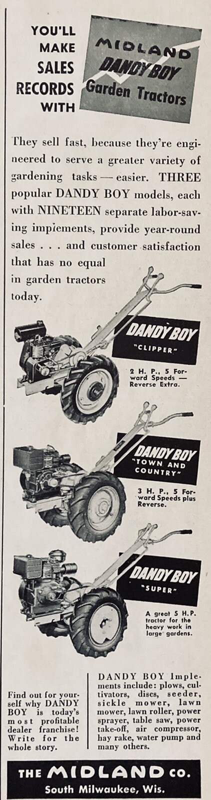 1953 AD.(XH21)~THE MIDLAND CO. SOUTH MILW., WIS. DANDY BOY GARDEN TRACTORS