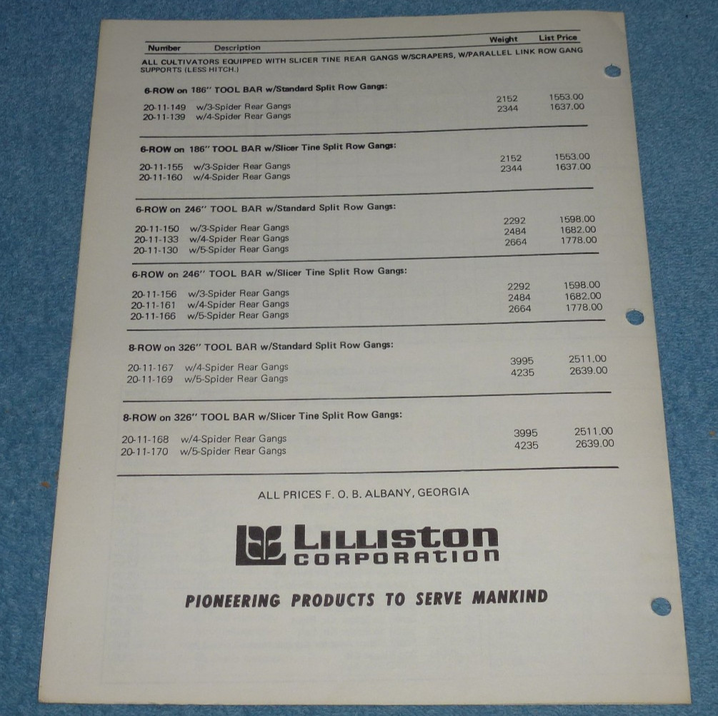 1973 Lilliston-Lehman 2000 Series Rolling Cultivator Brochure Specs Price List