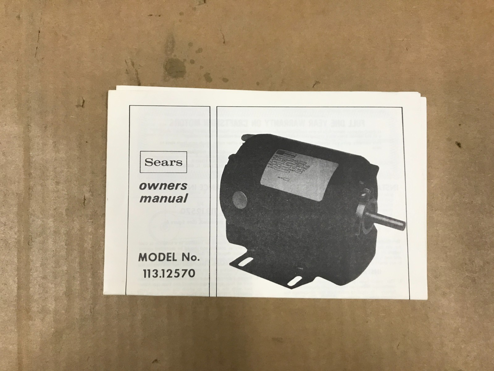 Vintage Sears Model 113.12570 Craftsman 1/3 HP Split-Phase AC Motor Manual