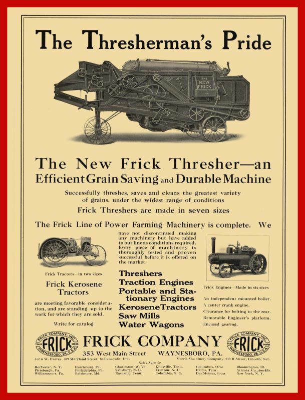 1921 Frick Company New Metal Sign: Threshing Machines, Tractors & Steam Engines