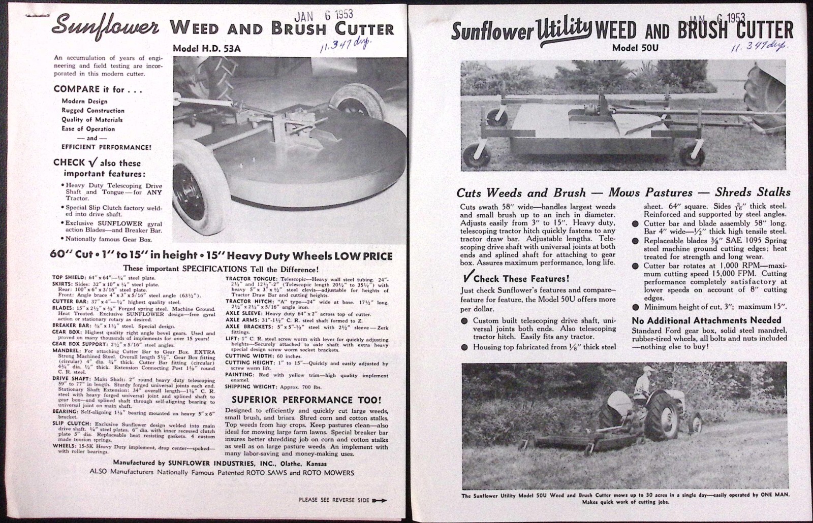 1953 Sunflower Utility Weed & Brush Cutter Model 50U Sunflower Industries Olathe