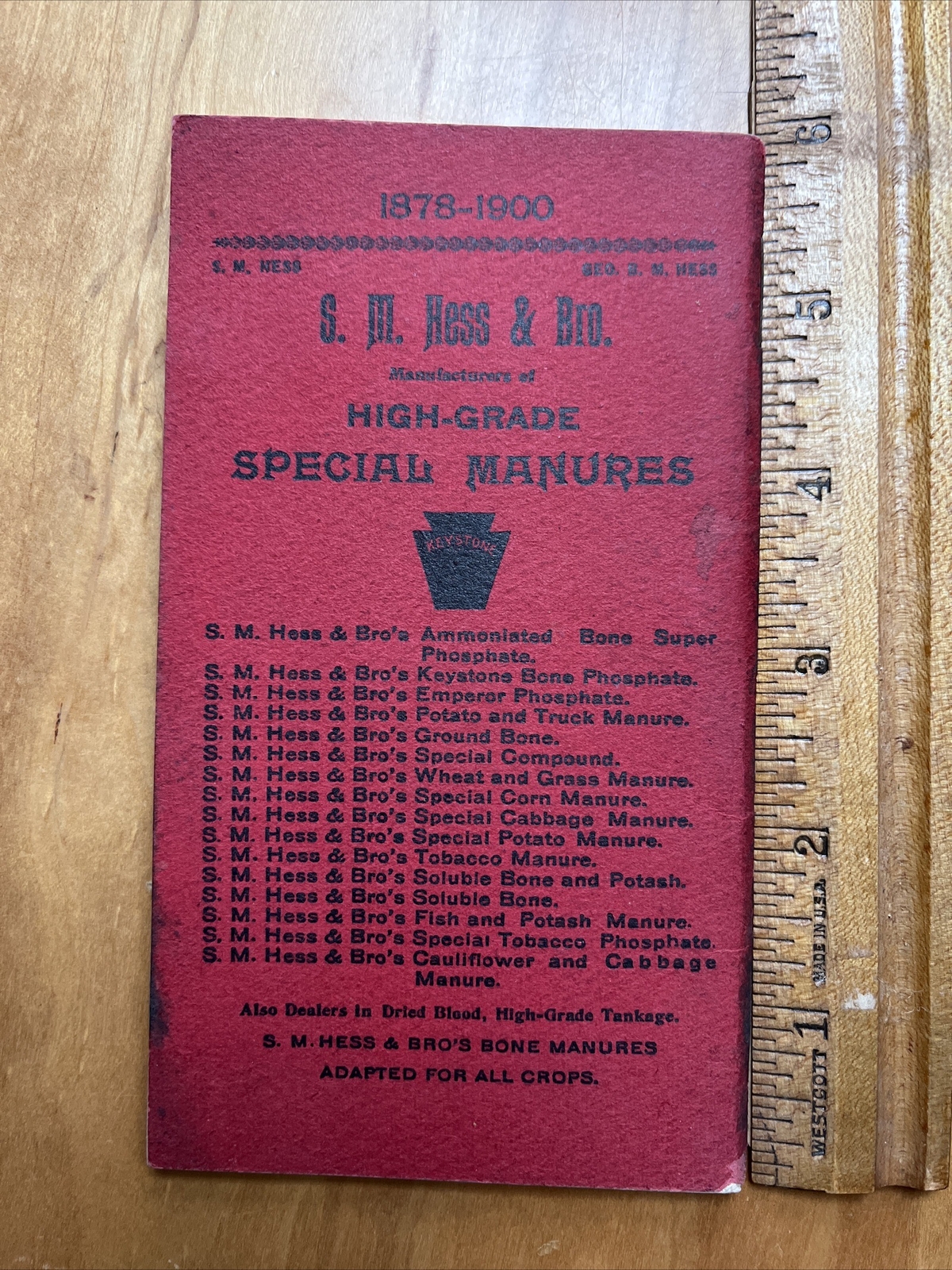 S. M. Hess Fertilizers Manure Pocket Guide Philadelphia 1900 PB Calendar, Ads