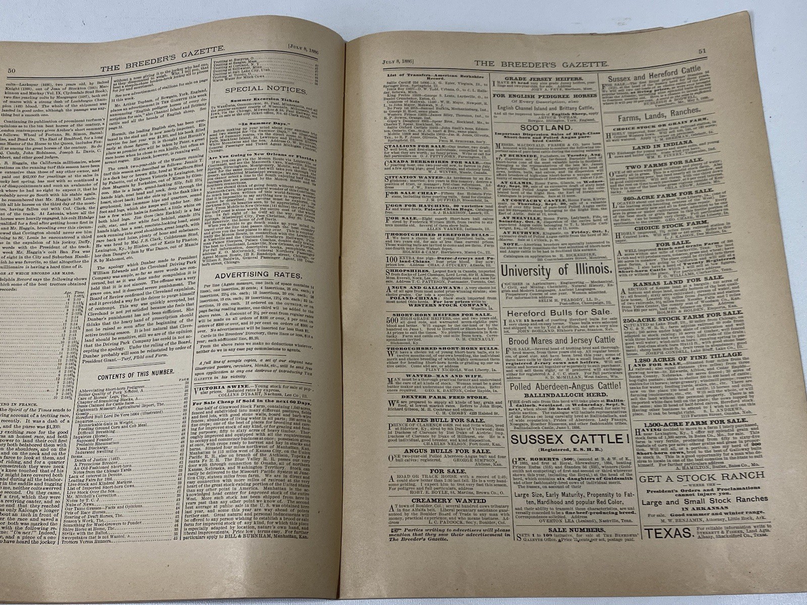 Vtg 1886 July Breeders Gazette Hereford Steer Pigs Cows Horse Advertisements