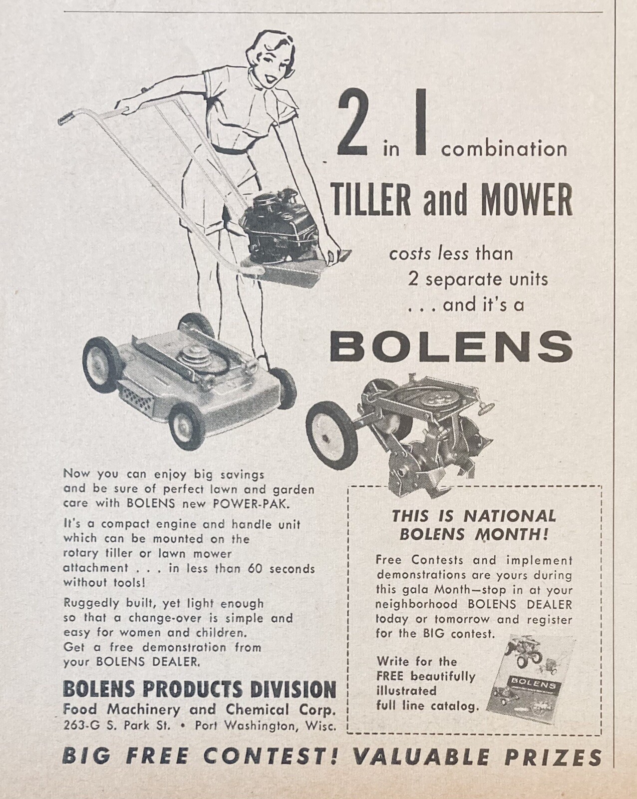 1956 AD.(XH8)~FMC BOLENS DIV. PORT WASHINGTON, WIS. BOLENS TILLER AND MOWER